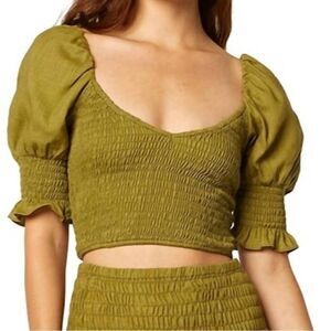 NEW Misa olive green linen blend smocked puff sleeve cropped top size small
